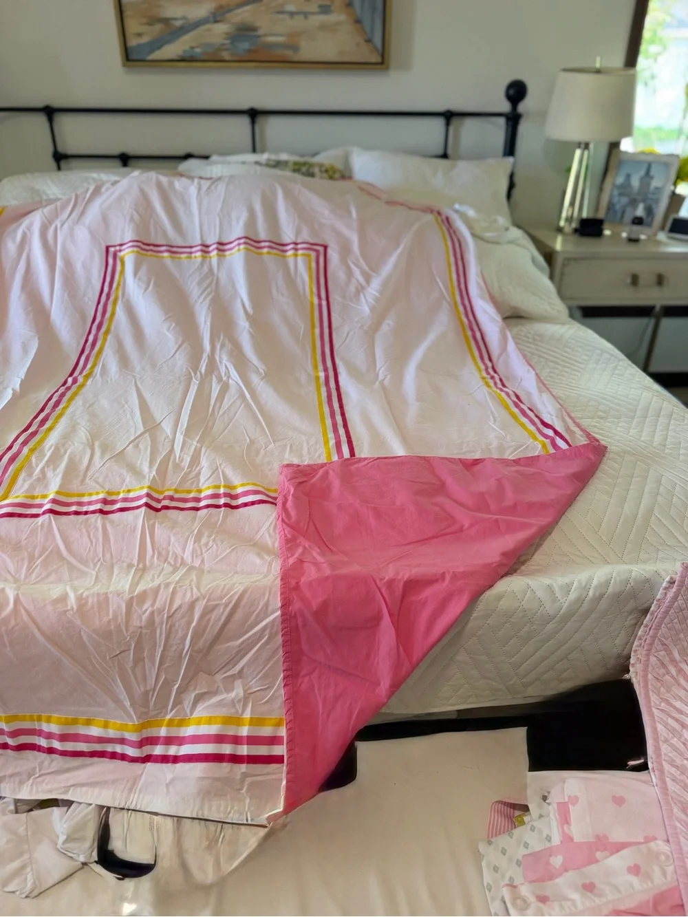 Pottery Barn Kids Pink Duvet Cover with Yellow & Fuchsia Stripe Accents
